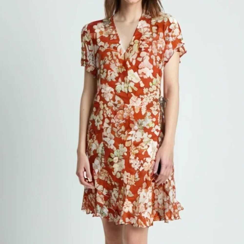 J Jill Papaya Floral Ruffle Wrap Dress XL Flutter Sleeve Feminine Boho Casual